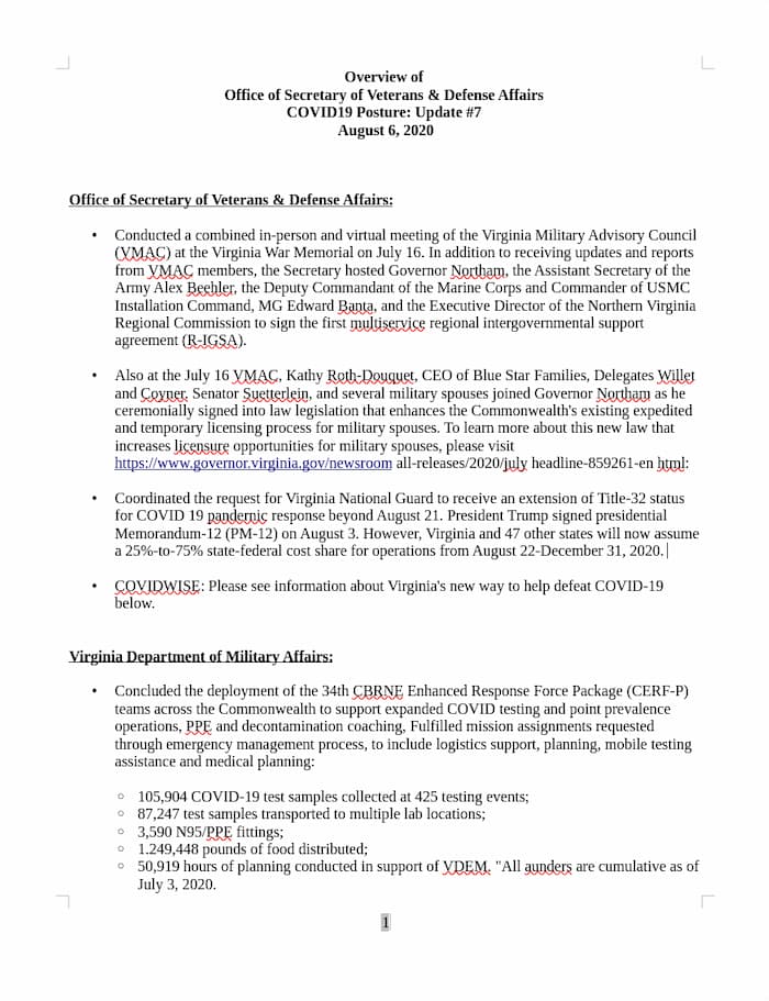 COVID19 Posture: Update #7 Agosto 6, 2020